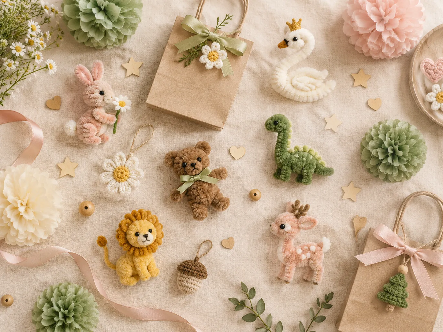 Assorted handmade party favours: chenille animals, crochet charms and gift bags on a cream background